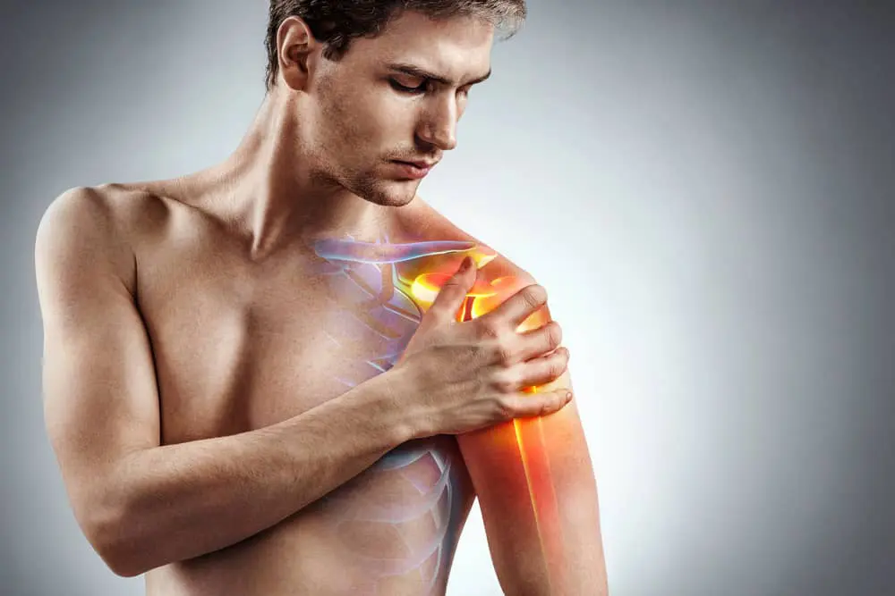 man having shoulder pain with medical representation of skeletal shoulder pain