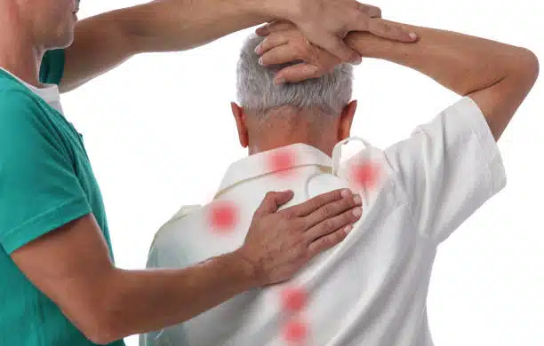 Physiotherapy is checking up senior patient who suffers from Chronic pain 