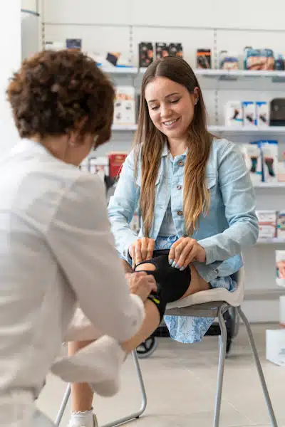 chiropractor putting a knee brace on a client for  knee pain treatment in burbank