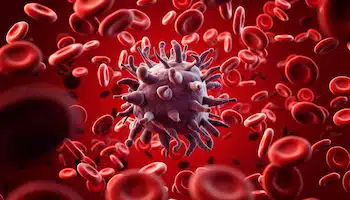 illustration of immune system with red blood cells and a virus